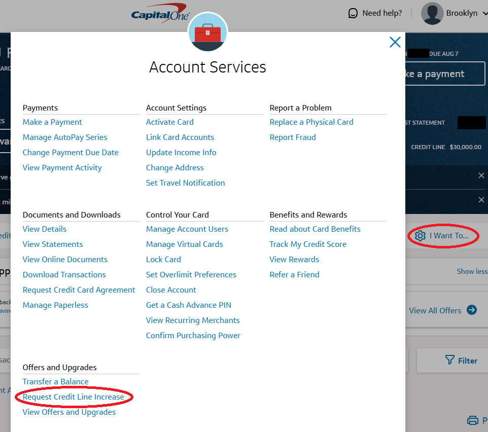 Request a credit line increase via your account online
